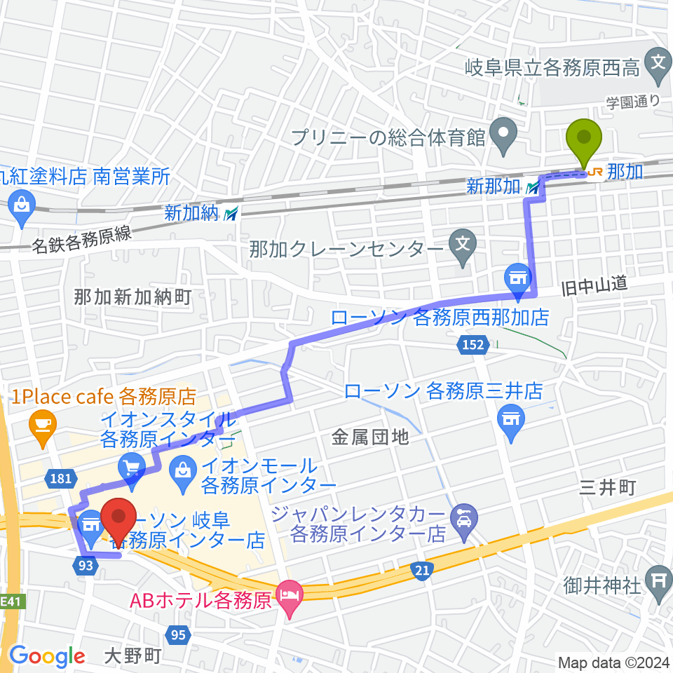 那加駅からGOUスタジオへのルートマップ地図