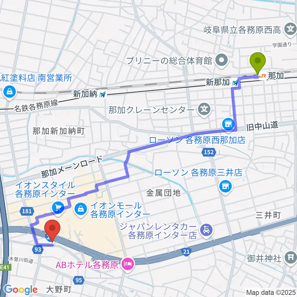 那加駅からGOUスタジオへのルートマップ地図