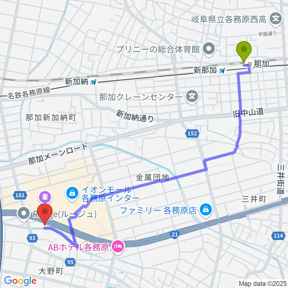那加駅からGOUスタジオへのルートマップ地図