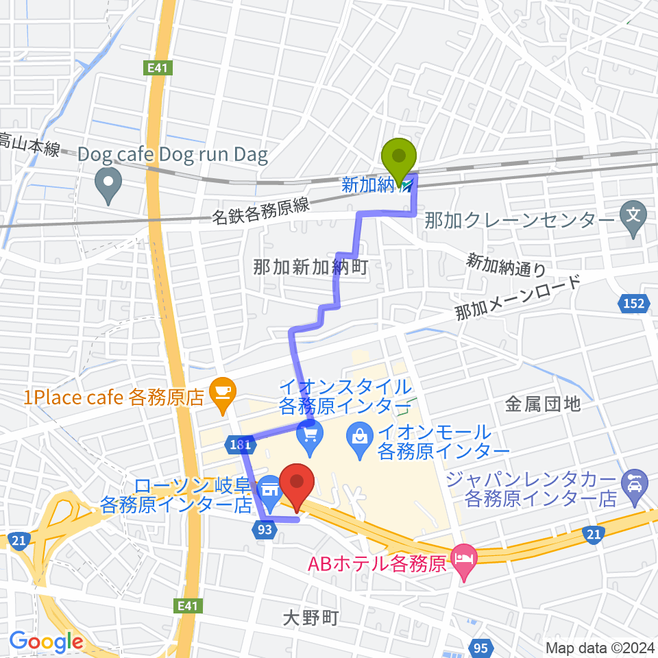 GOUスタジオの最寄駅新加納駅からの徒歩ルート（約16分）地図