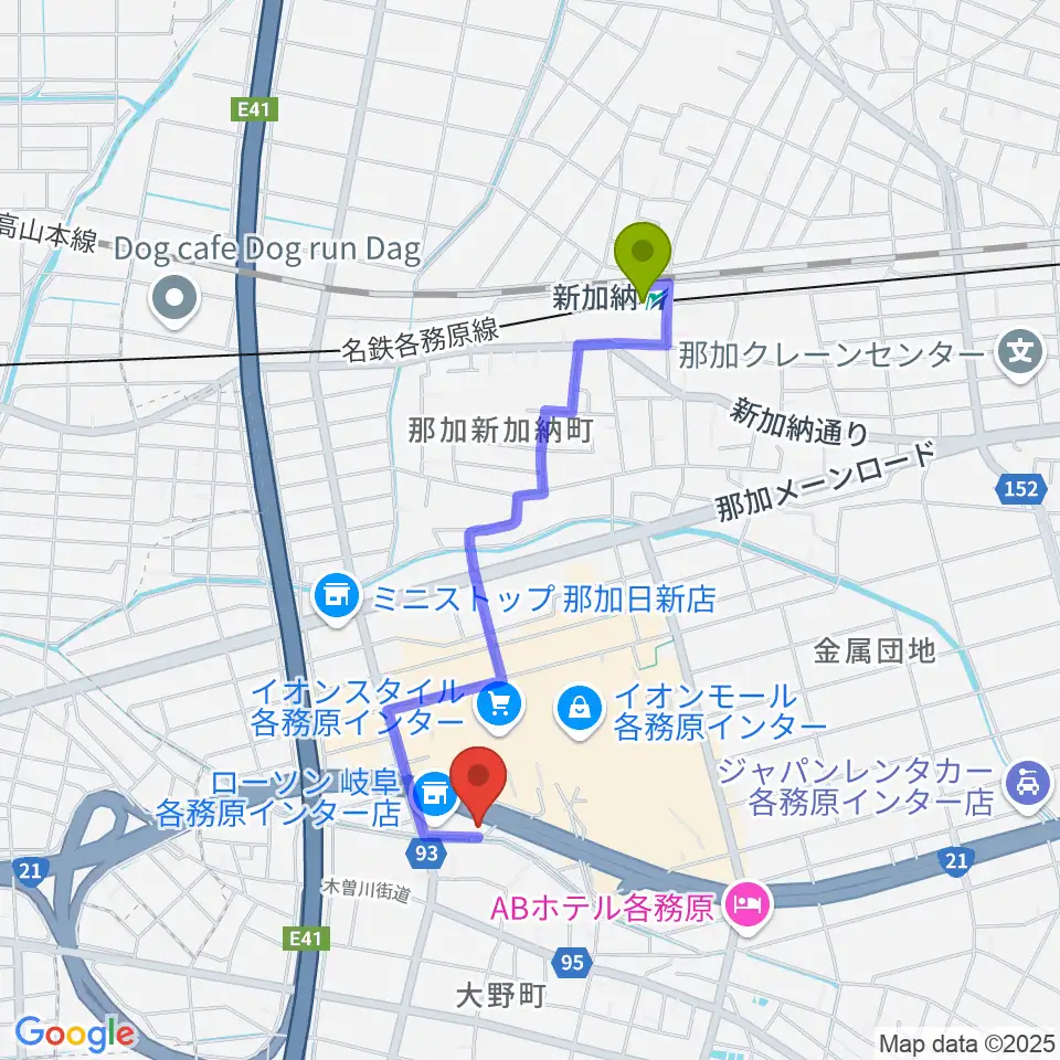 GOUスタジオの最寄駅新加納駅からの徒歩ルート（約16分）地図