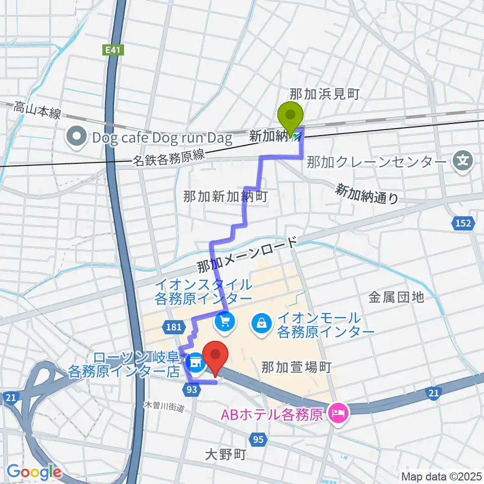 GOUスタジオの最寄駅新加納駅からの徒歩ルート（約16分）地図