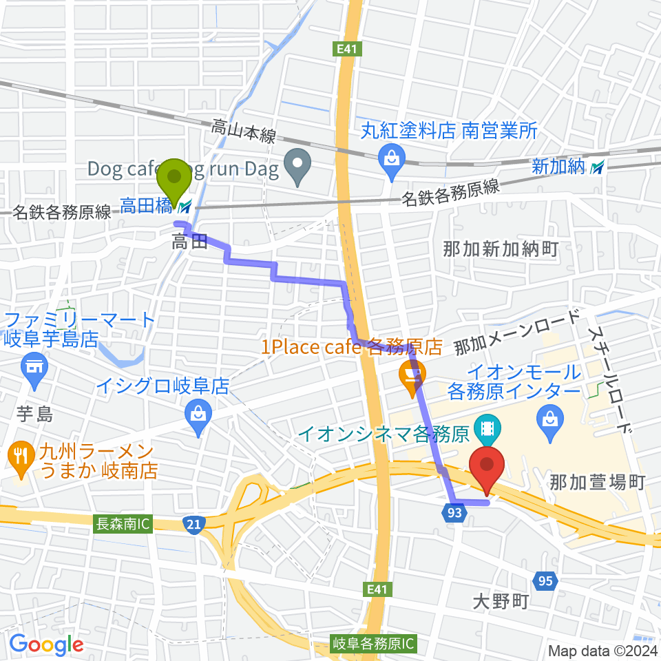 高田橋駅からGOUスタジオへのルートマップ地図