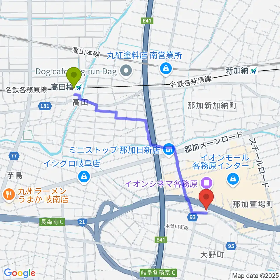 高田橋駅からGOUスタジオへのルートマップ地図