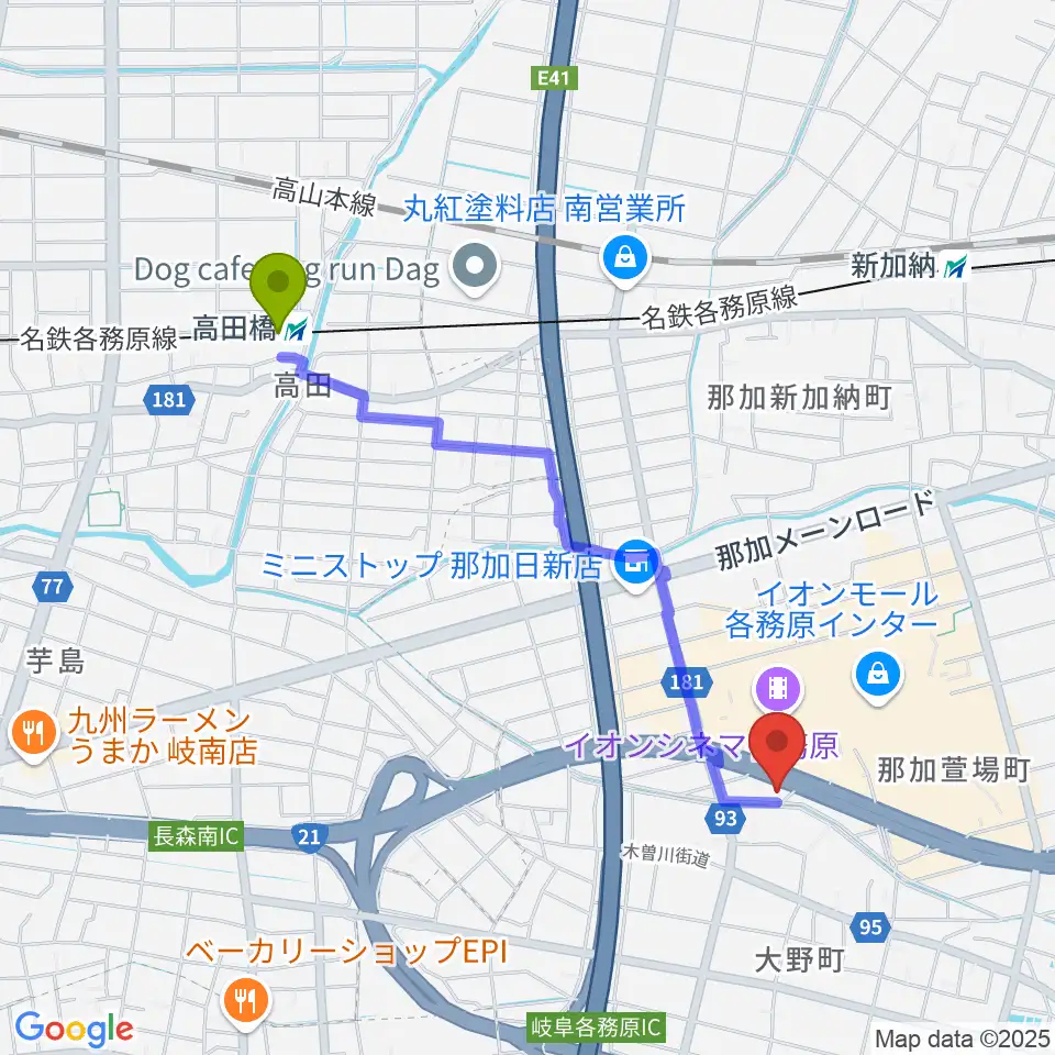 高田橋駅からGOUスタジオへのルートマップ地図