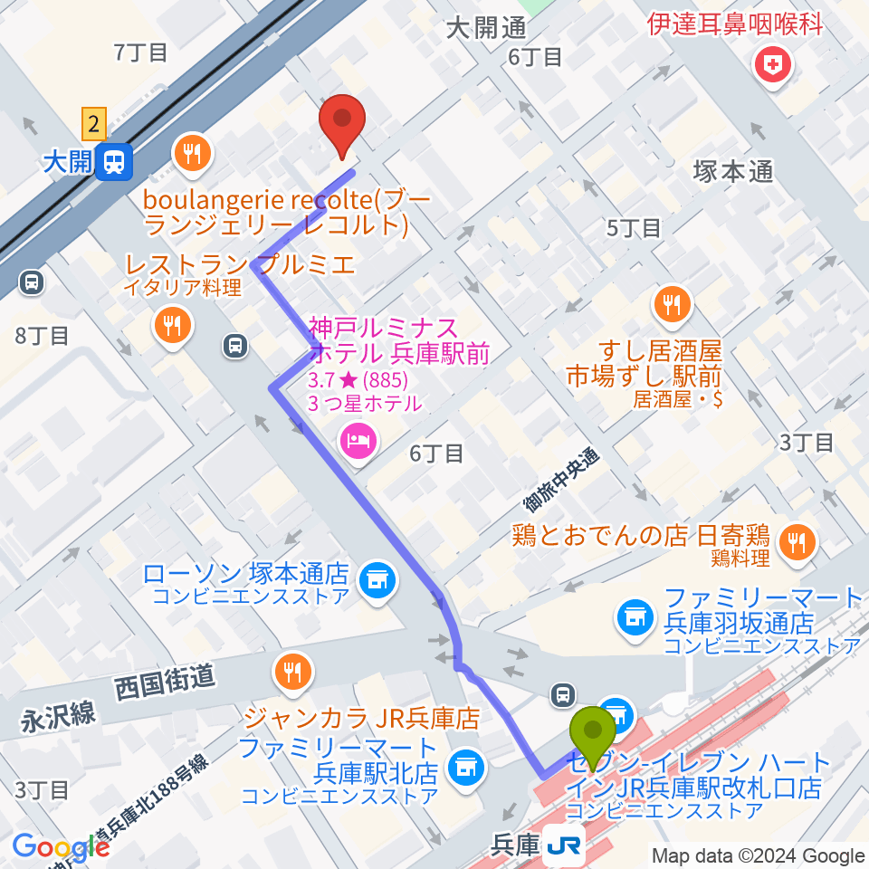 兵庫駅からスタジオ ギンガムチェックへのルートマップ地図