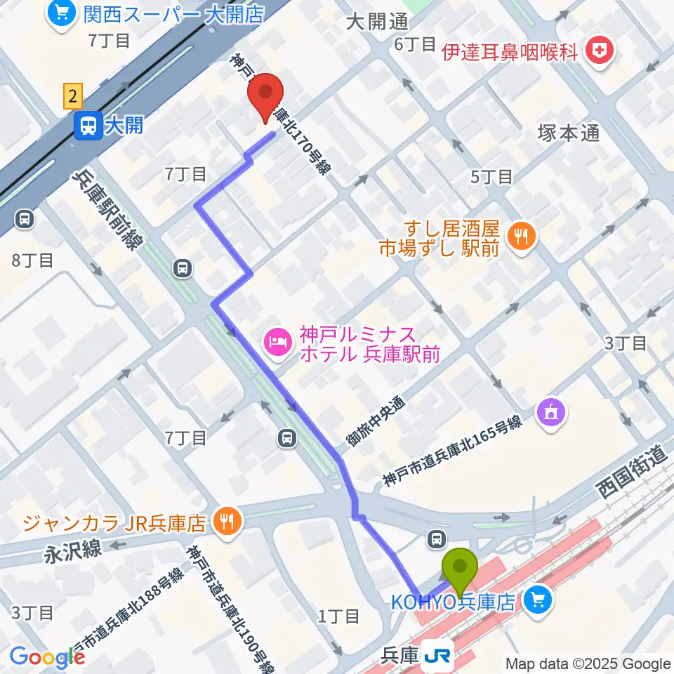 兵庫駅からスタジオ ギンガムチェックへのルートマップ地図