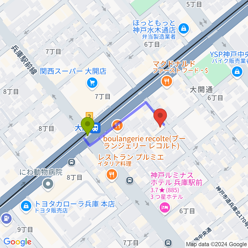 スタジオ ギンガムチェックの最寄駅大開駅からの徒歩ルート（約2分）地図