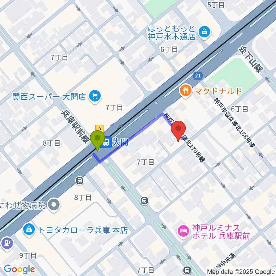 スタジオ ギンガムチェックの最寄駅大開駅からの徒歩ルート（約2分）地図