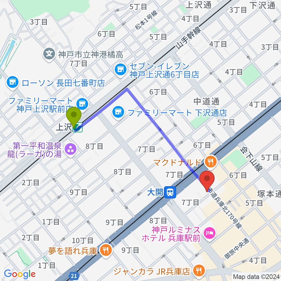 上沢駅からスタジオ ギンガムチェックへのルートマップ地図