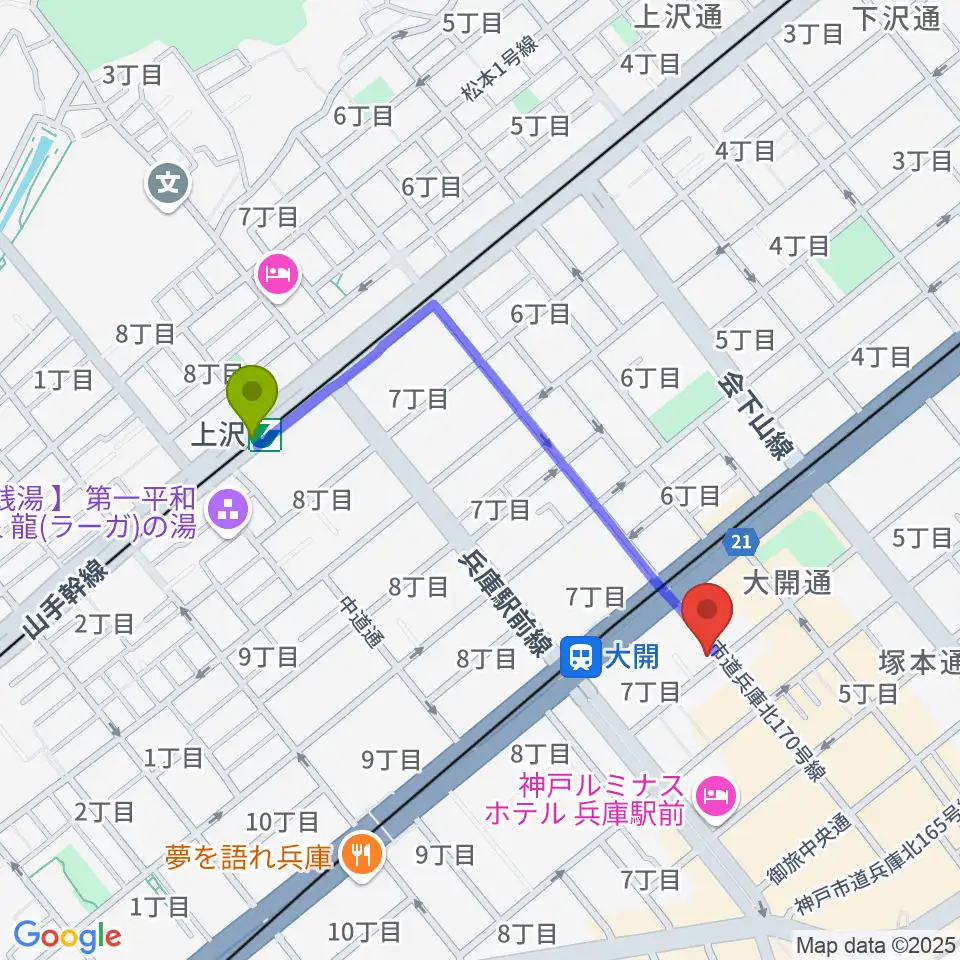 上沢駅からスタジオ ギンガムチェックへのルートマップ地図