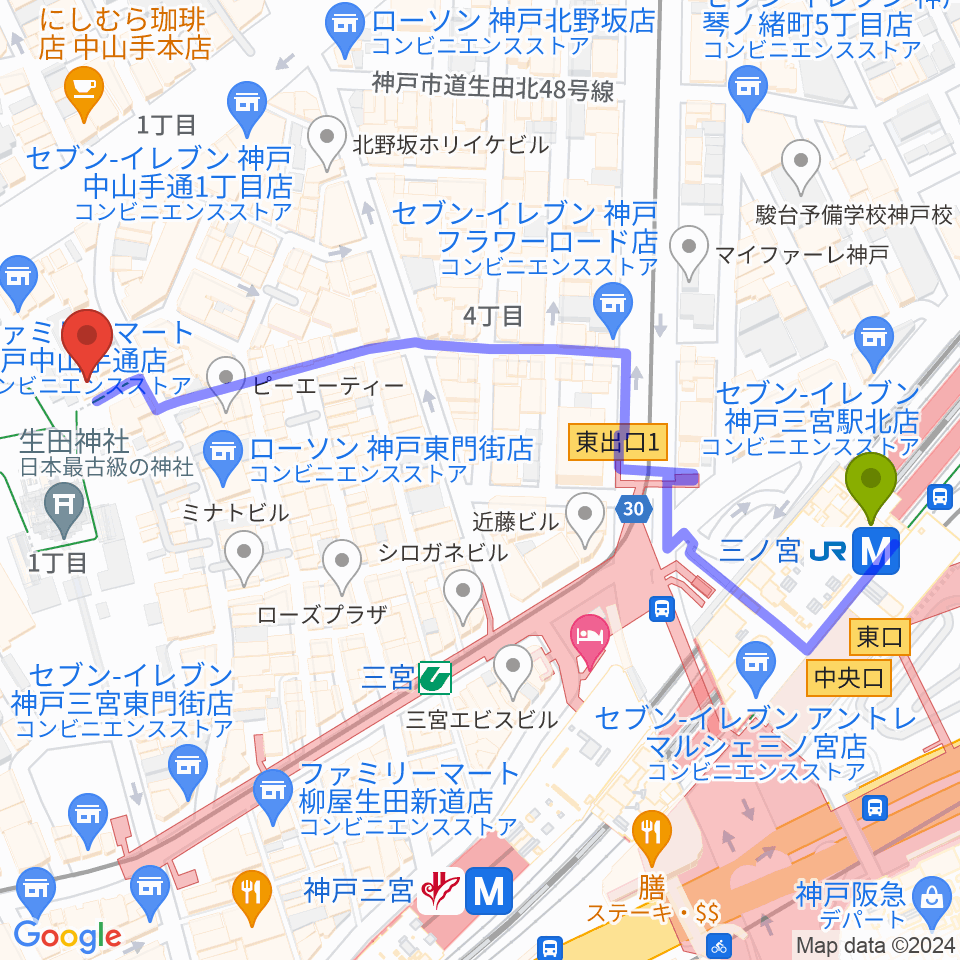 Rudiez Studios（ルーディーズスタジオ）の最寄駅三ノ宮駅からの徒歩ルート（約7分）地図