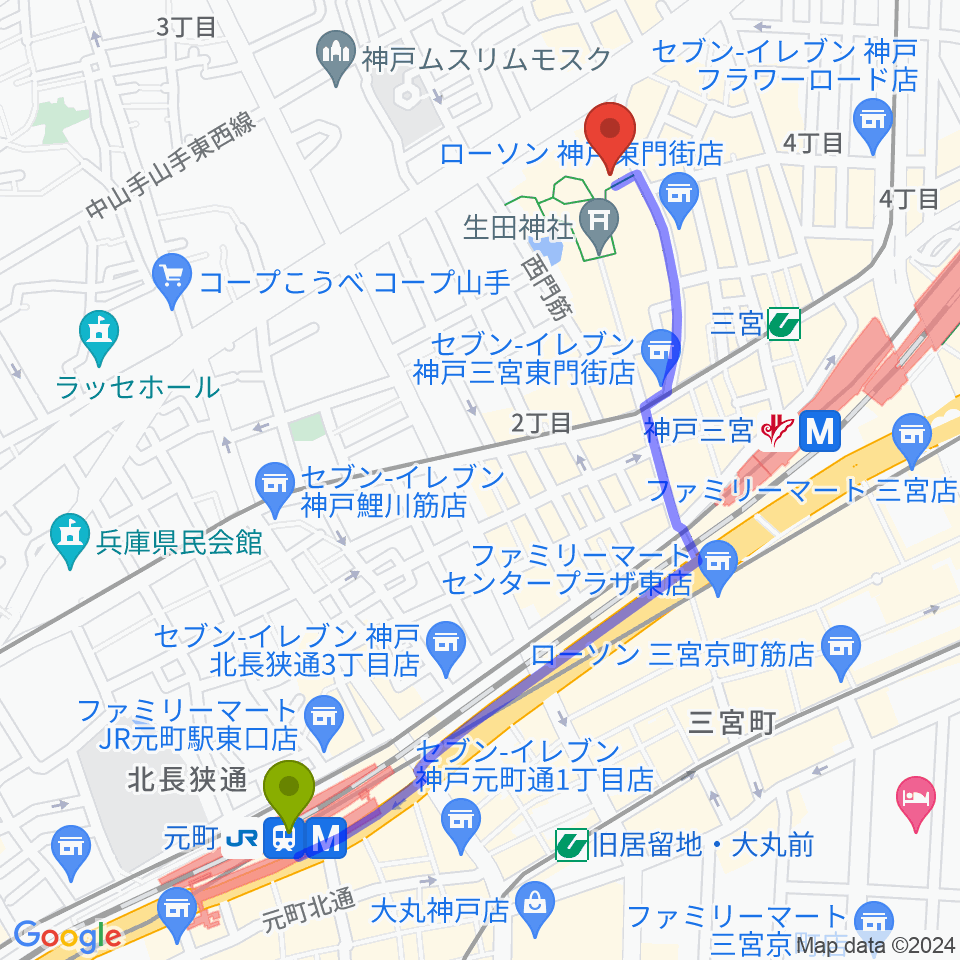 元町駅からRudiez Studios（ルーディーズスタジオ）へのルートマップ地図