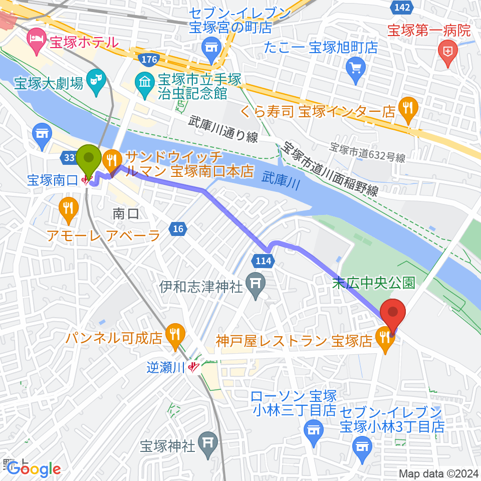 宝塚南口駅からレインボースタジオへのルートマップ地図