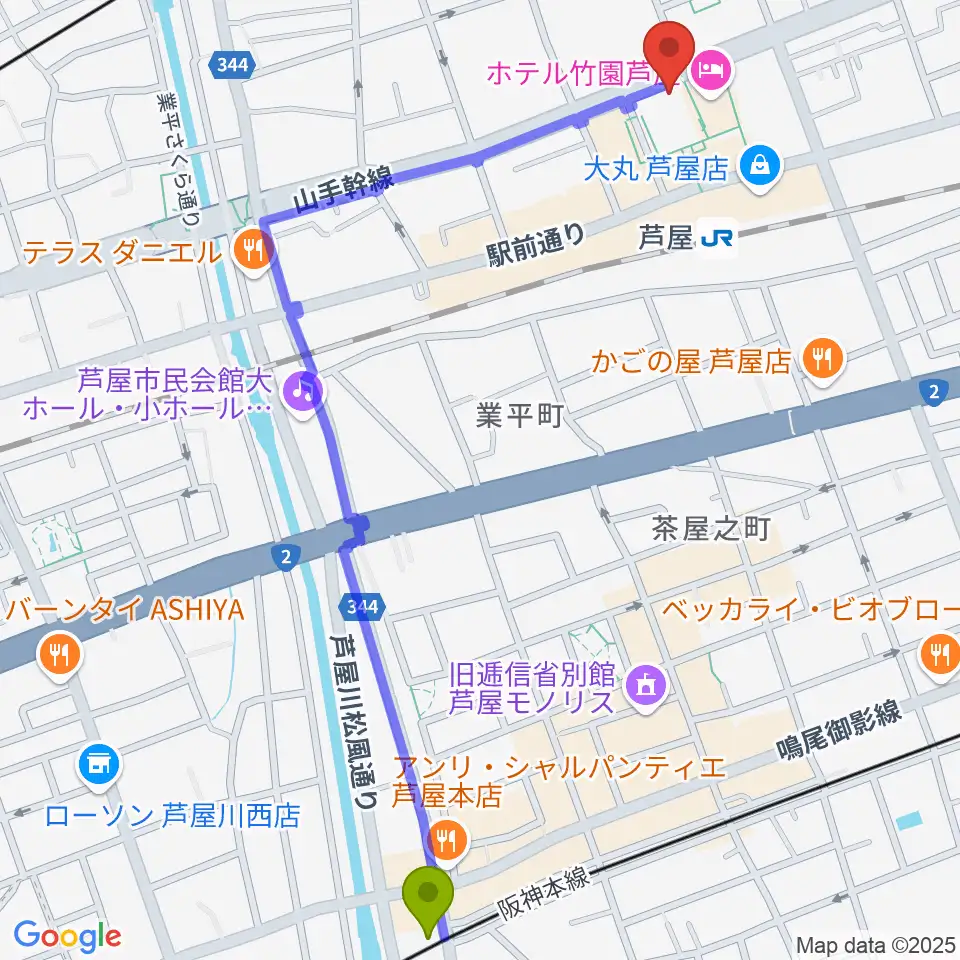 芦屋駅から結城カルチャーセンターへのルートマップ地図