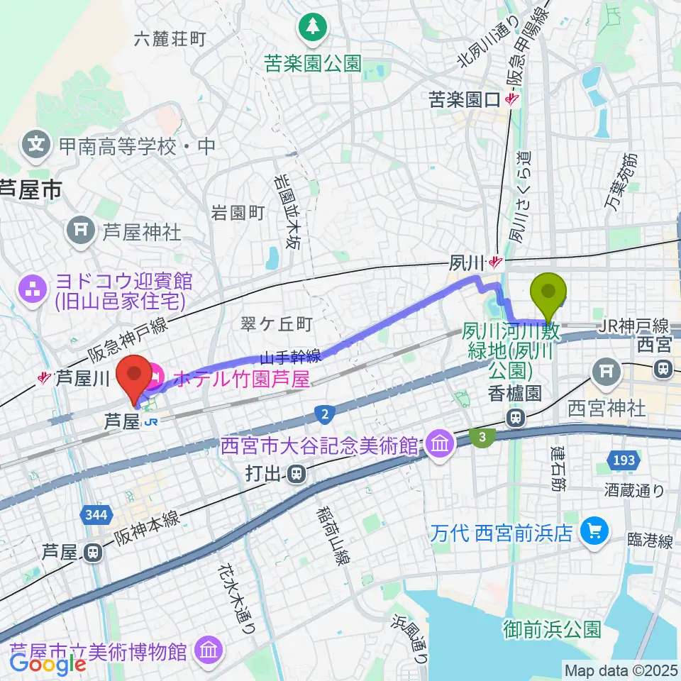 さくら夙川駅から結城カルチャーセンターへのルートマップ地図
