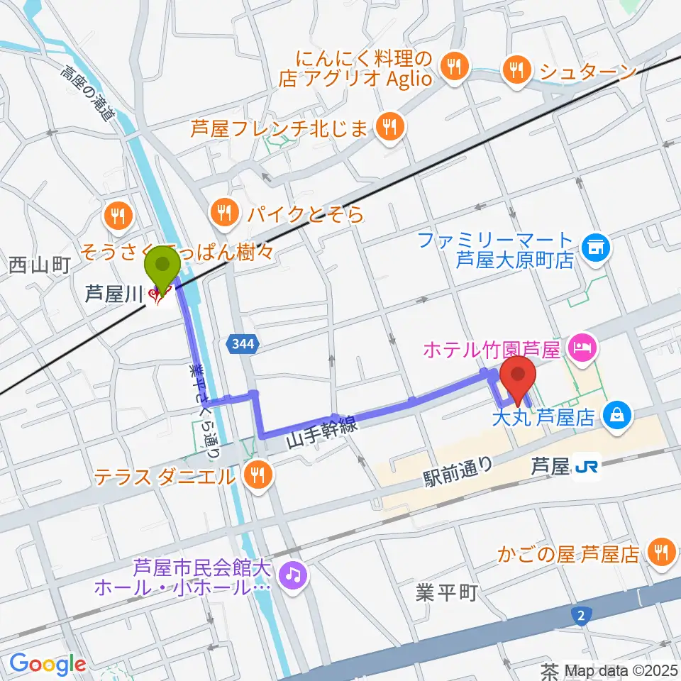 芦屋川駅から結城カルチャーセンターへのルートマップ地図