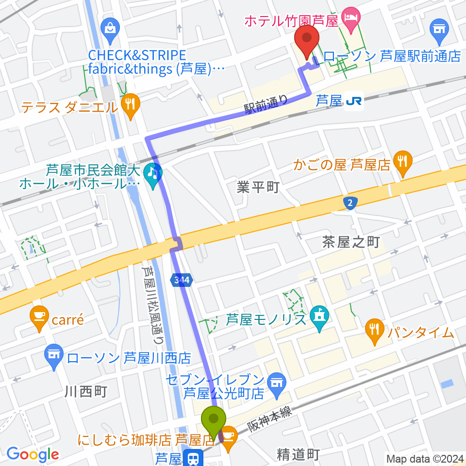 芦屋駅から結城カルチャーセンターへのルートマップ地図