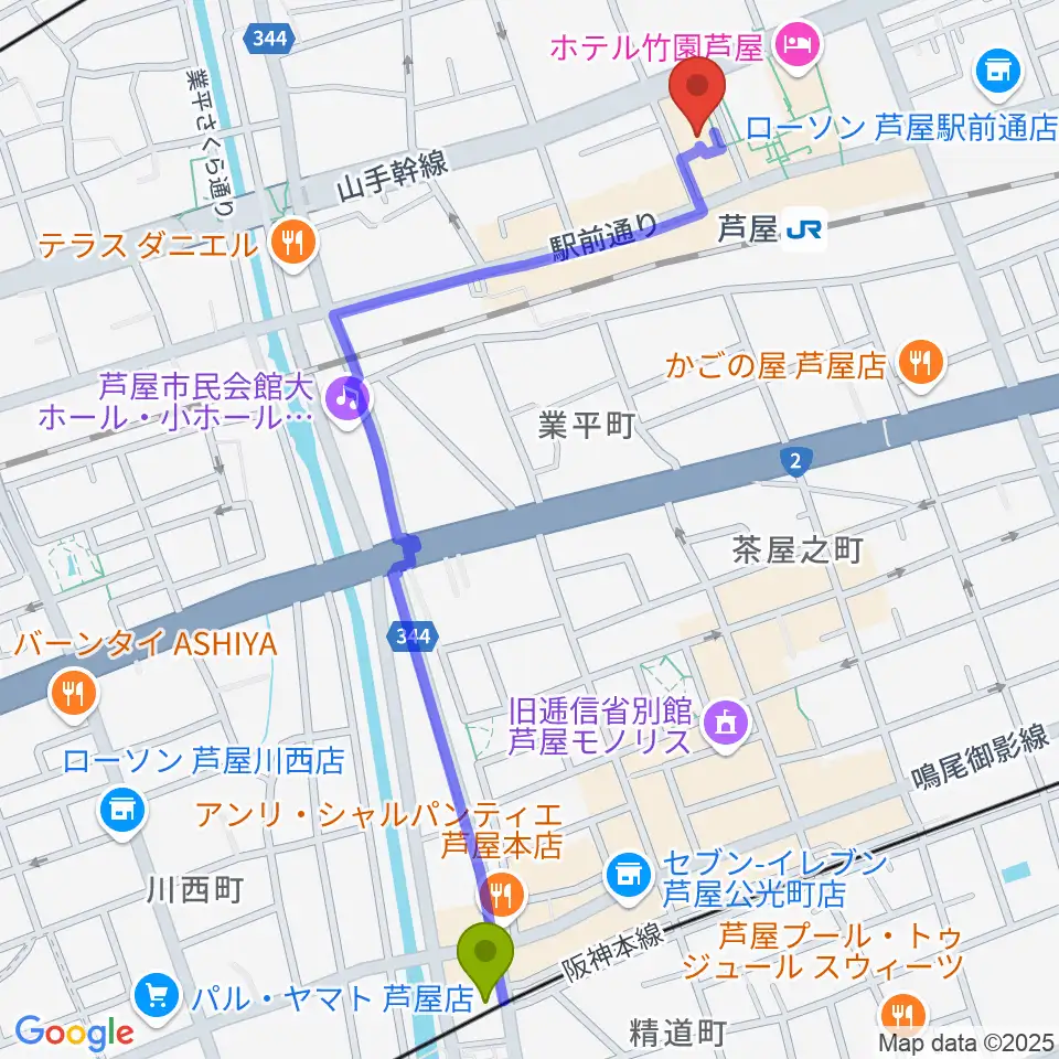 芦屋駅から結城カルチャーセンターへのルートマップ地図