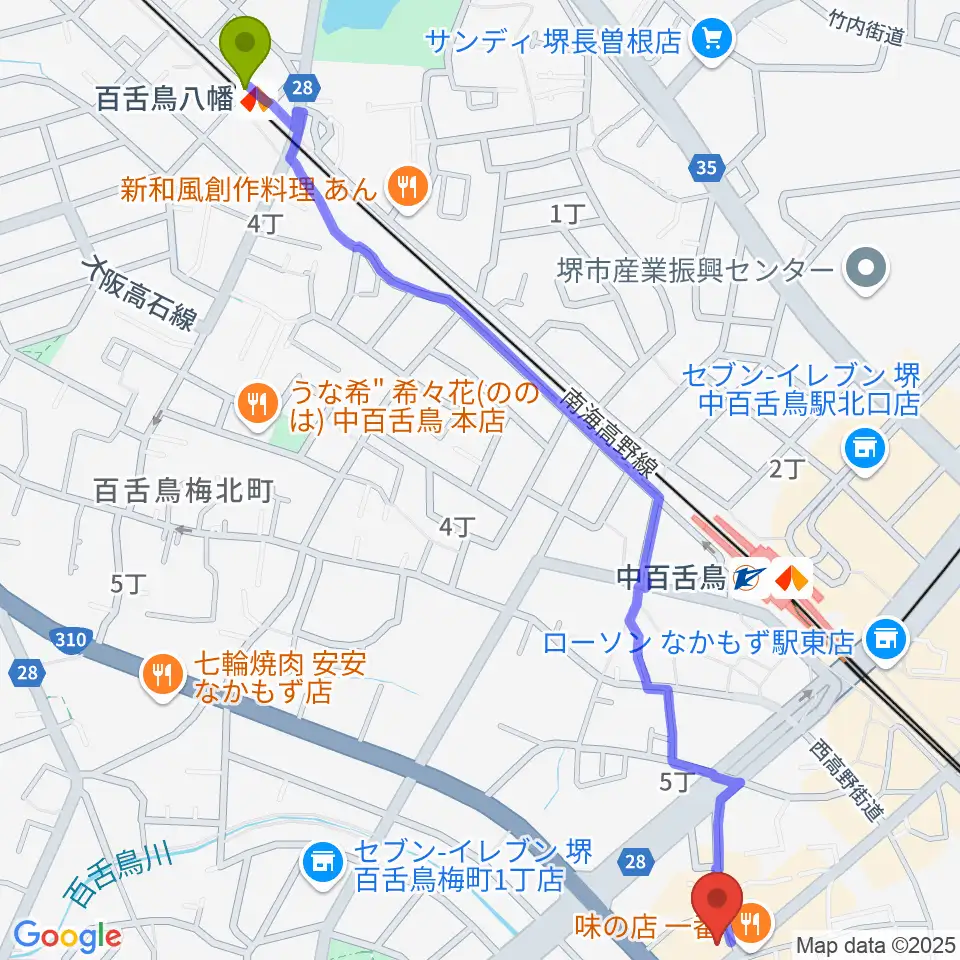 百舌鳥八幡駅からmusic studio Magicへのルートマップ地図