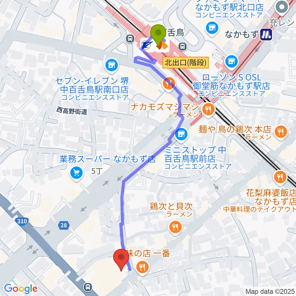 music studio Magicの最寄駅中百舌鳥駅からの徒歩ルート（約6分）地図