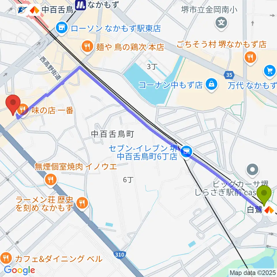 白鷺駅からmusic studio Magicへのルートマップ地図