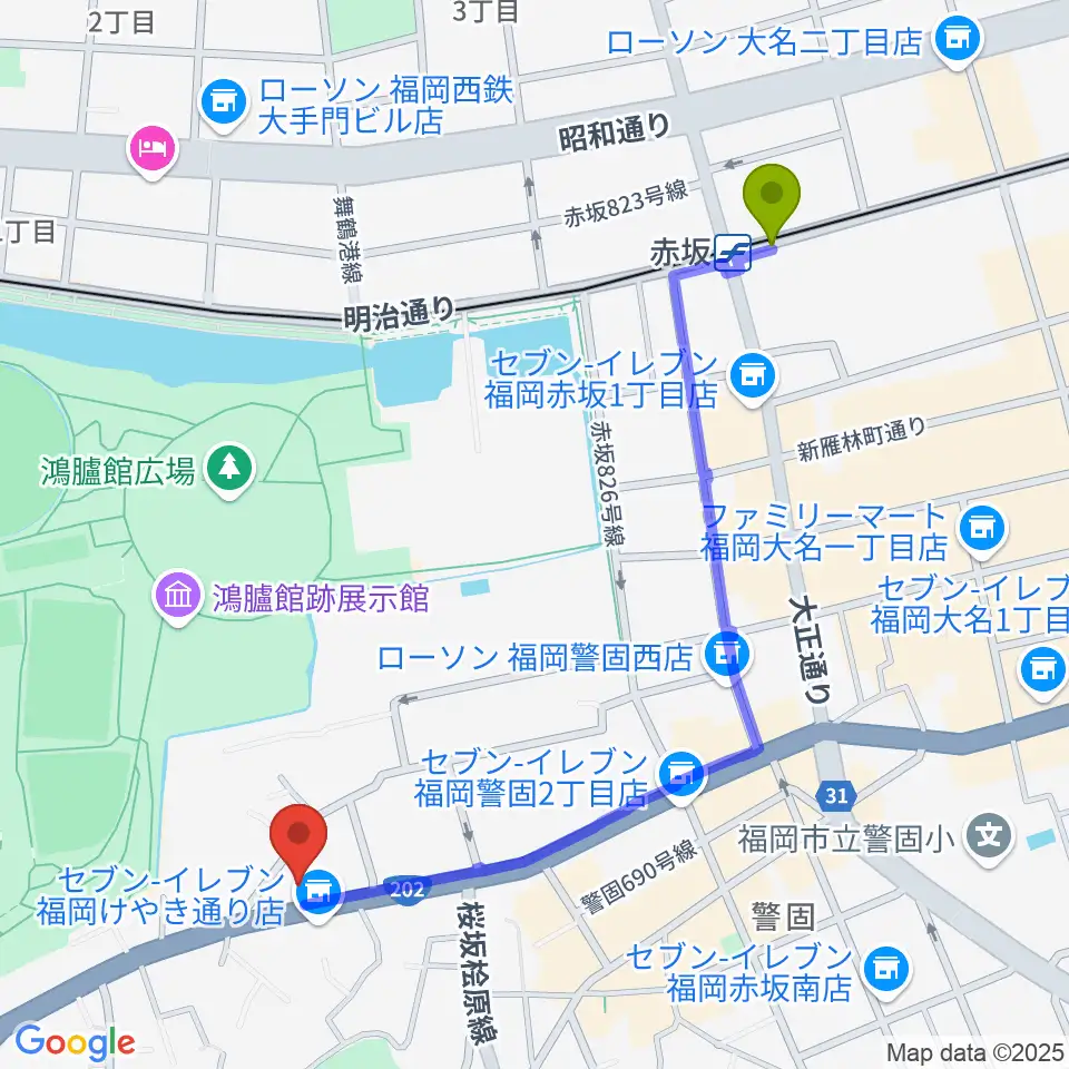 ファイネストピアノ福岡の最寄駅赤坂駅からの徒歩ルート（約12分）地図