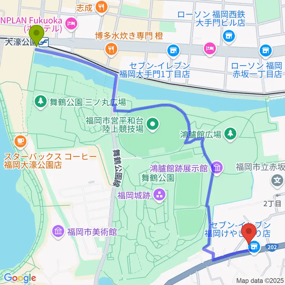 大濠公園駅からファイネストピアノ福岡へのルートマップ地図