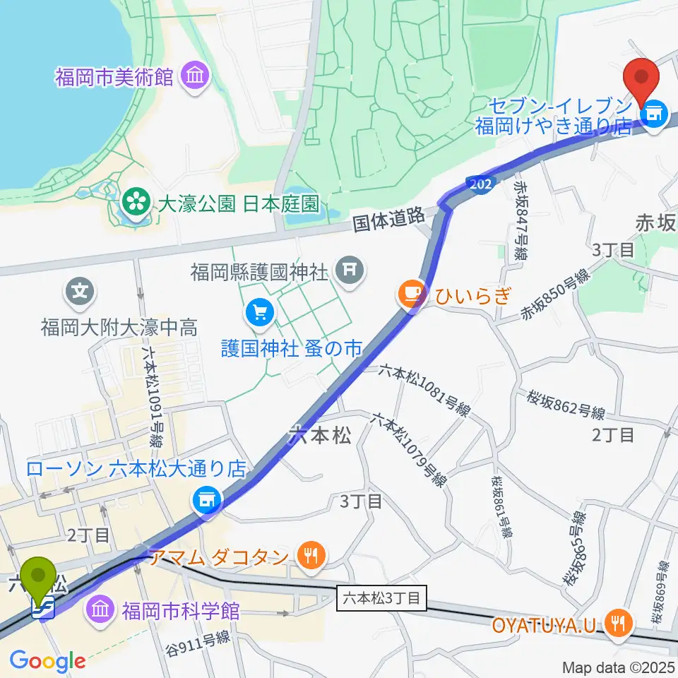 六本松駅からファイネストピアノ福岡へのルートマップ地図