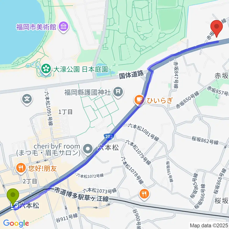 六本松駅からファイネストピアノ福岡へのルートマップ地図