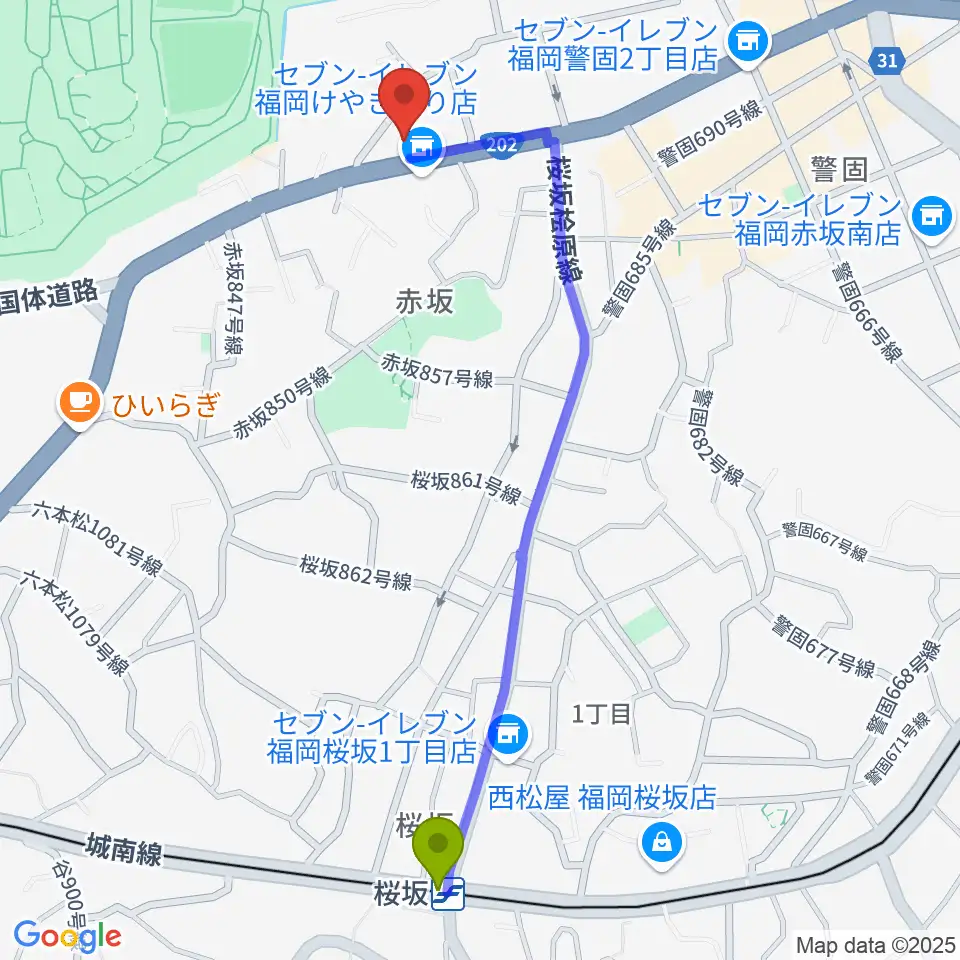 桜坂駅からファイネストピアノ福岡へのルートマップ地図