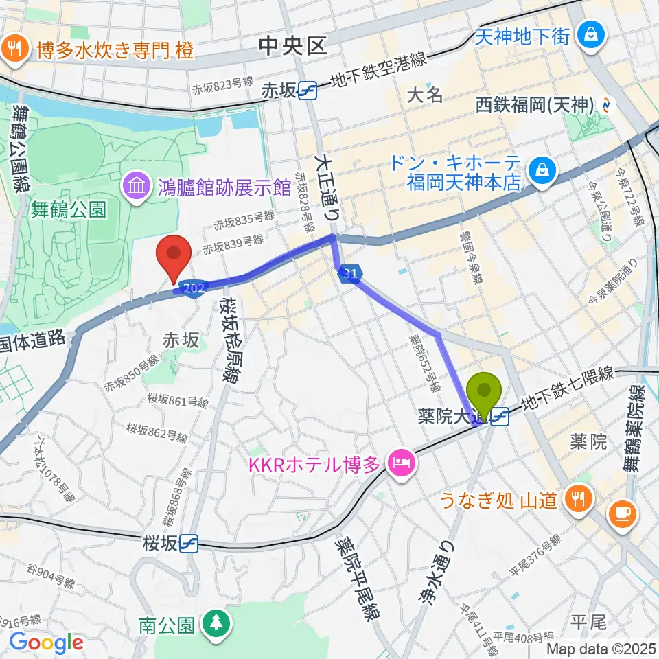薬院大通駅からファイネストピアノ福岡へのルートマップ地図