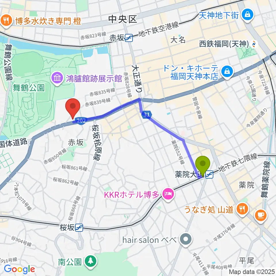 薬院大通駅からファイネストピアノ福岡へのルートマップ地図