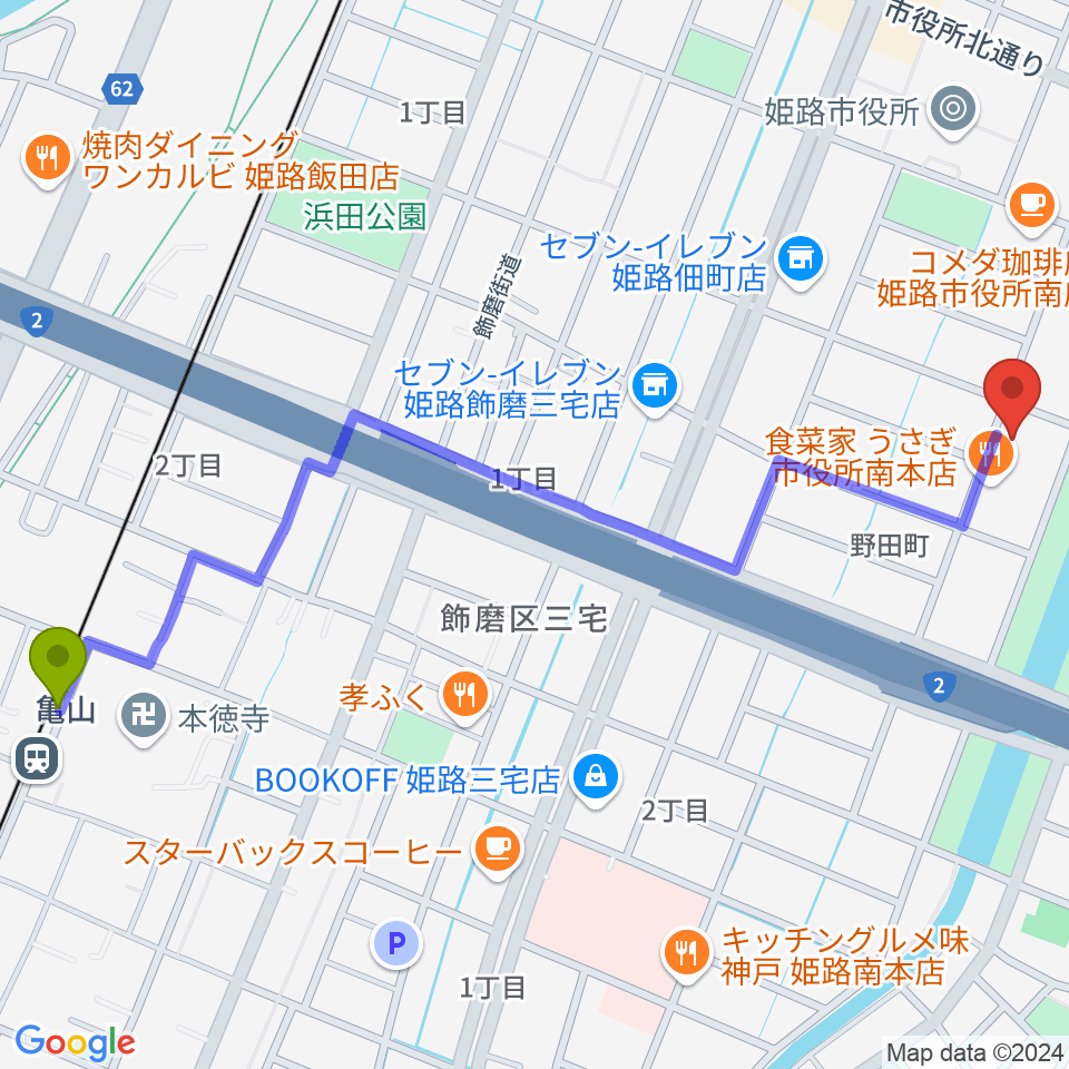 Beta Music 姫路南店の最寄駅亀山駅からの徒歩ルート（約15分）地図