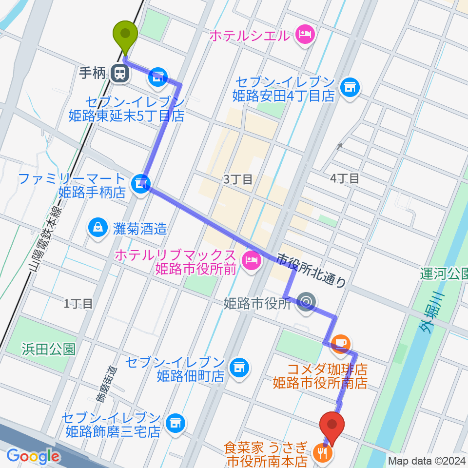 手柄駅からBeta Music 姫路南店へのルートマップ地図