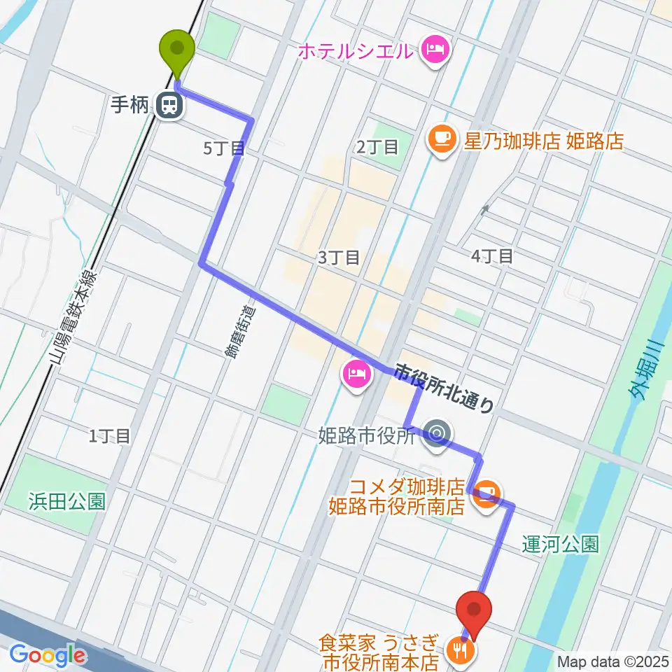 手柄駅からBeta Music 姫路南店へのルートマップ地図