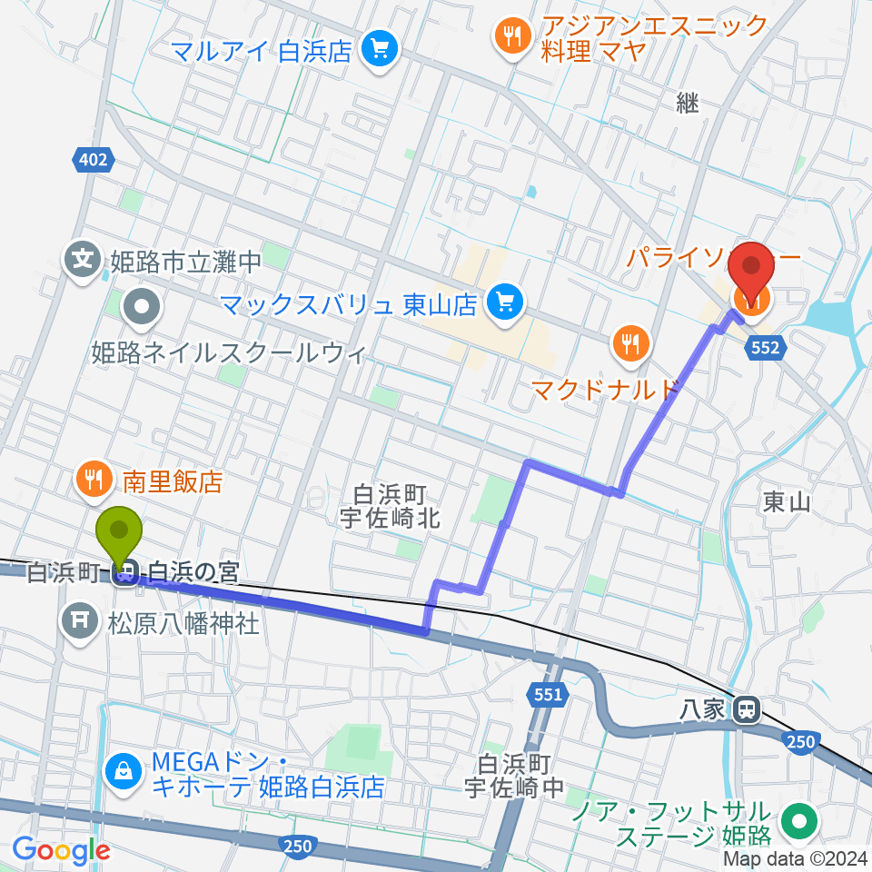 白浜の宮駅からベータミュージック姫路東店へのルートマップ地図