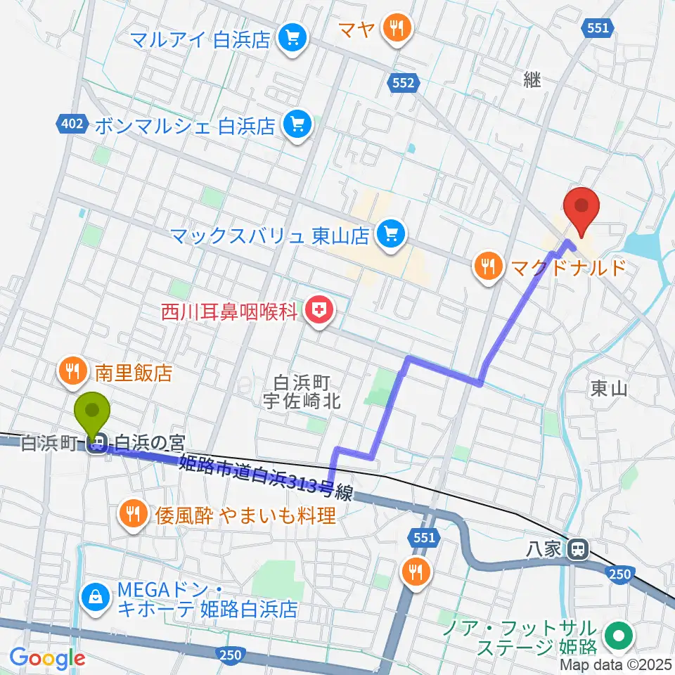 白浜の宮駅からベータミュージック姫路東店へのルートマップ地図