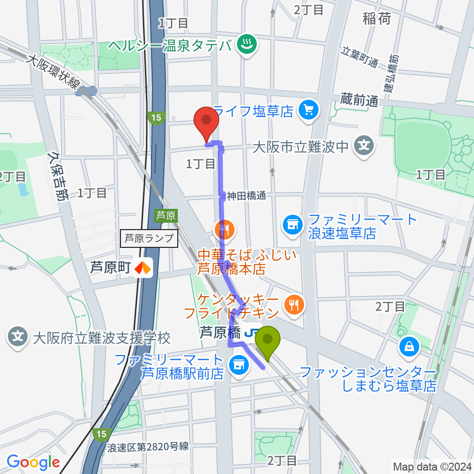 芦原橋駅からStudio & Caf'e MAKEへのルートマップ地図