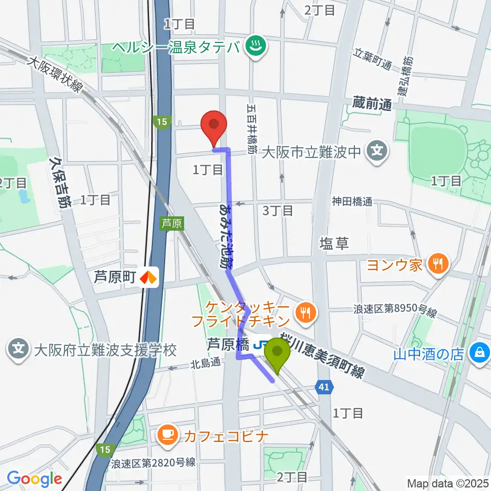 芦原橋駅からStudio & Caf'e MAKEへのルートマップ地図