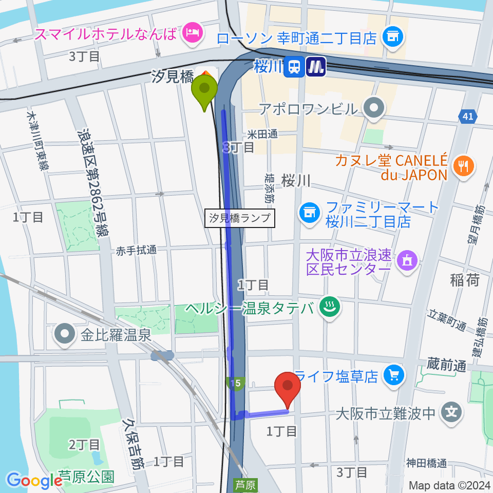 汐見橋駅からStudio & Caf'e MAKEへのルートマップ地図