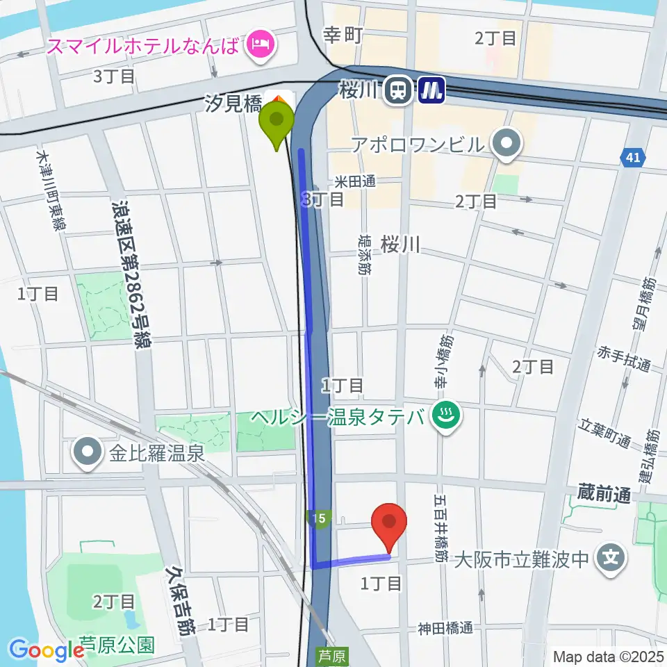 汐見橋駅からStudio & Caf'e MAKEへのルートマップ地図