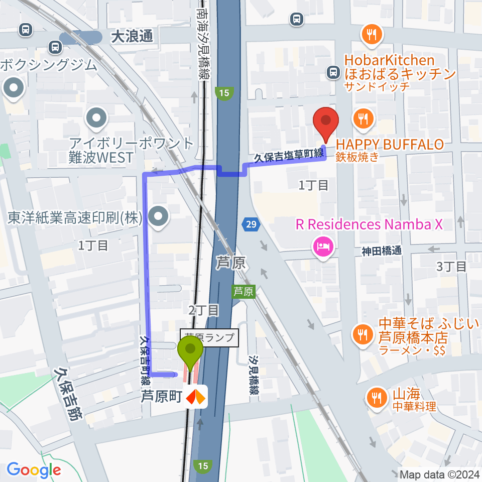 Studio & Caf'e MAKEの最寄駅芦原町駅からの徒歩ルート（約4分）地図