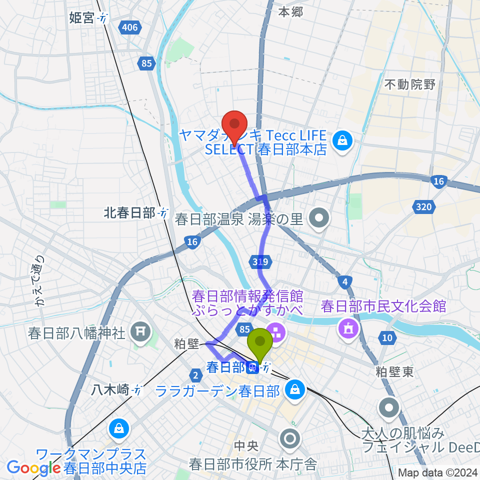 春日部駅からサトウ楽器へのルートマップ地図