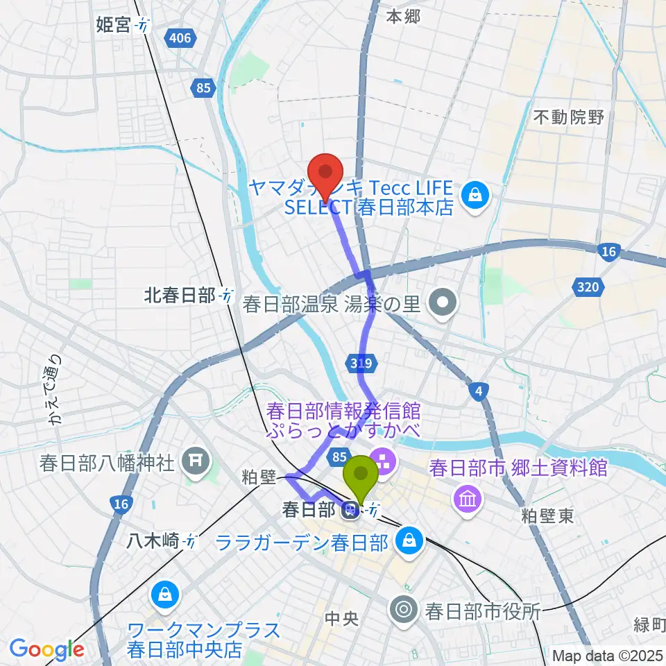 春日部駅からサトウ楽器へのルートマップ地図