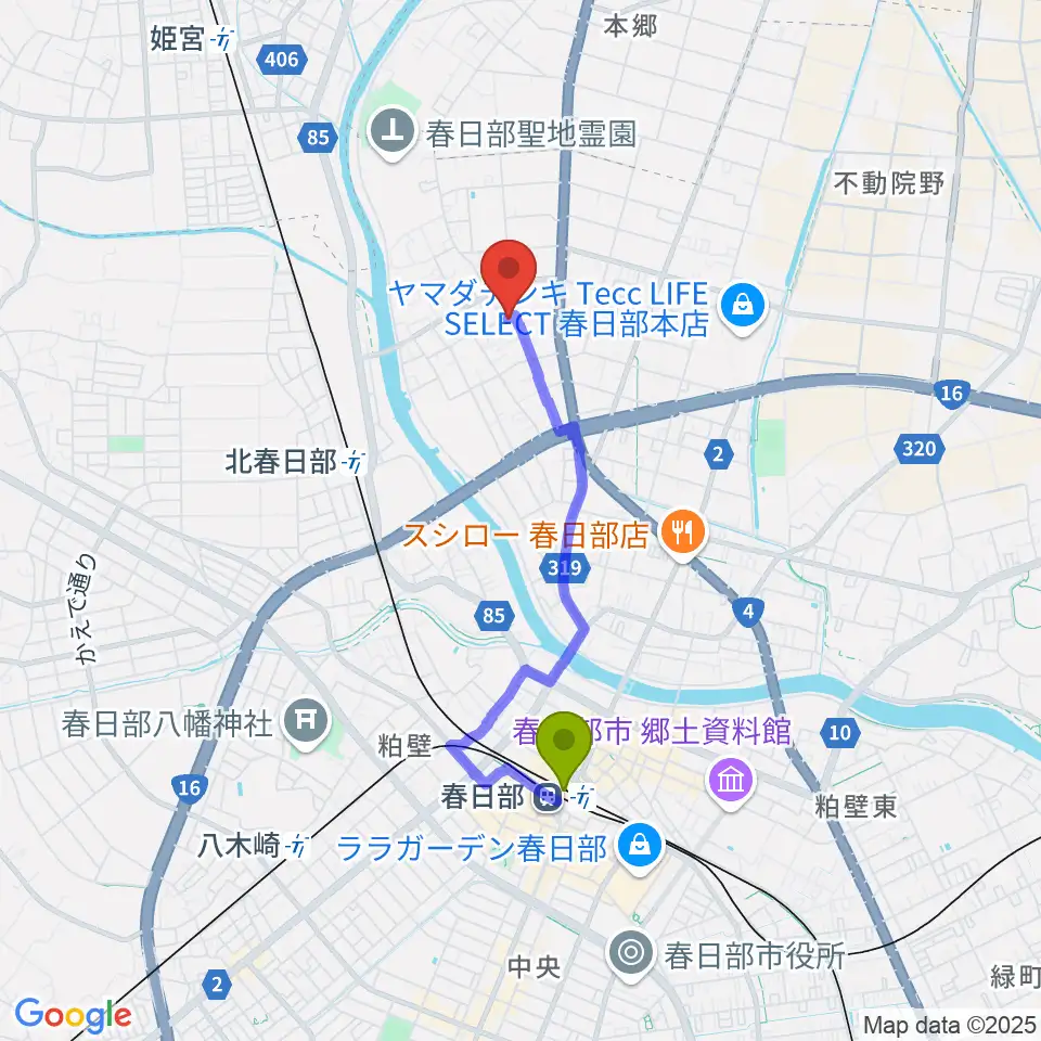 春日部駅からサトウ楽器へのルートマップ地図