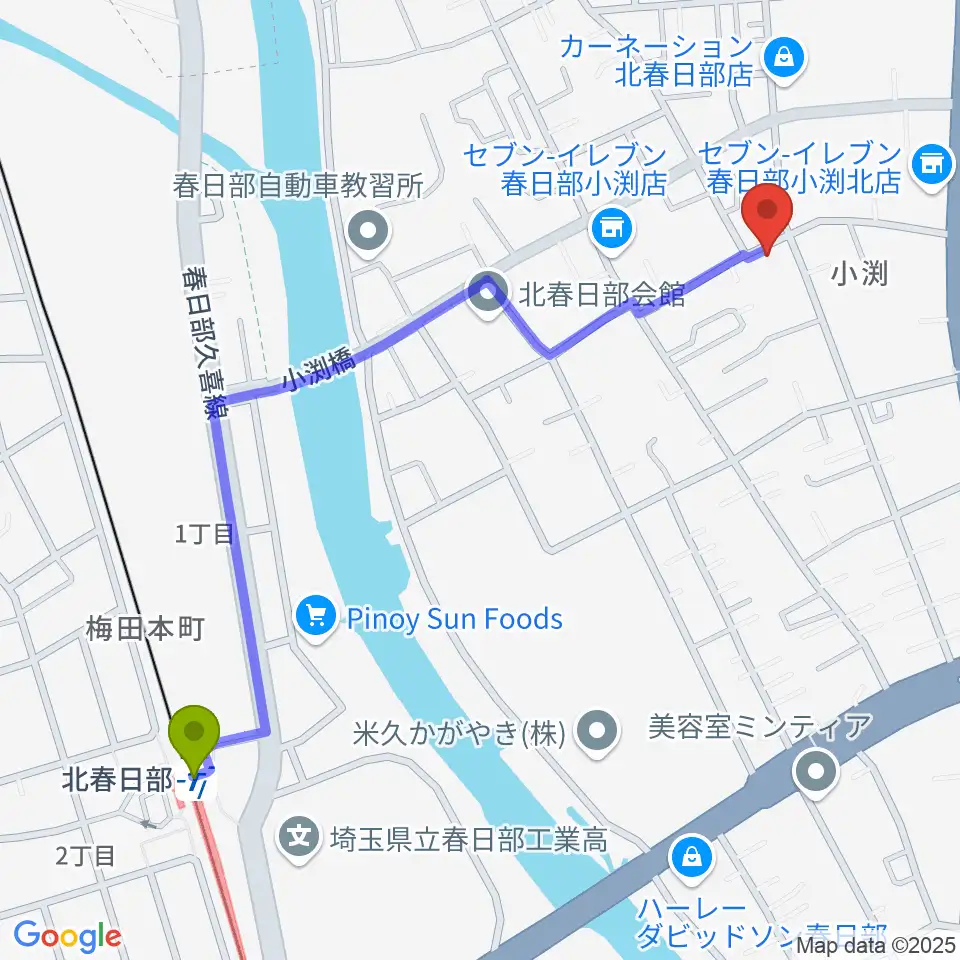 サトウ楽器の最寄駅北春日部駅からの徒歩ルート（約12分）地図