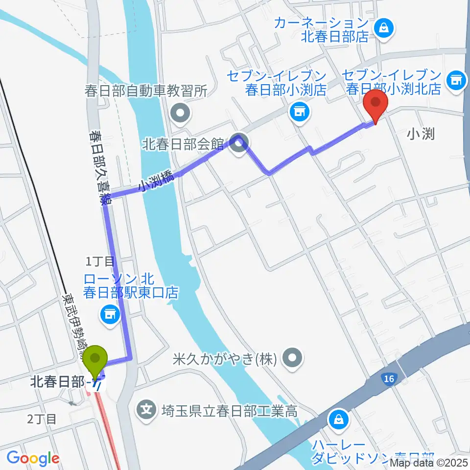 サトウ楽器の最寄駅北春日部駅からの徒歩ルート（約12分）地図