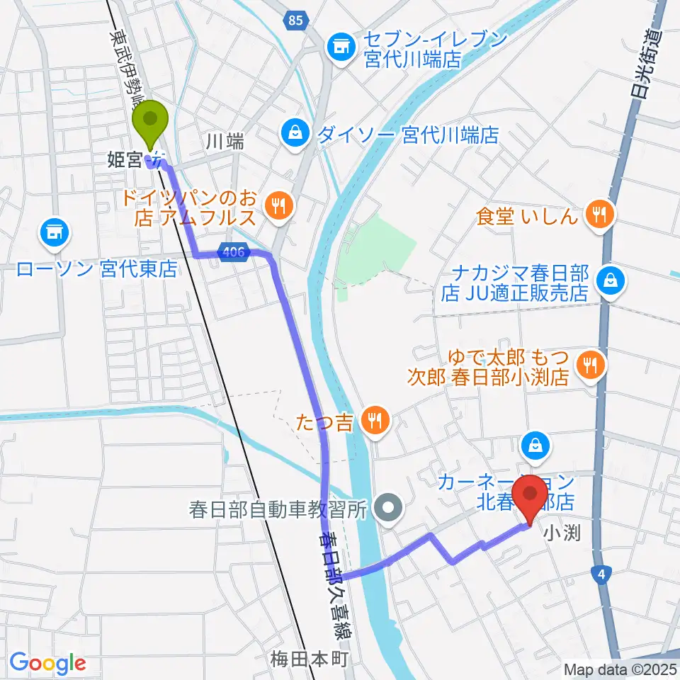 姫宮駅からサトウ楽器へのルートマップ地図