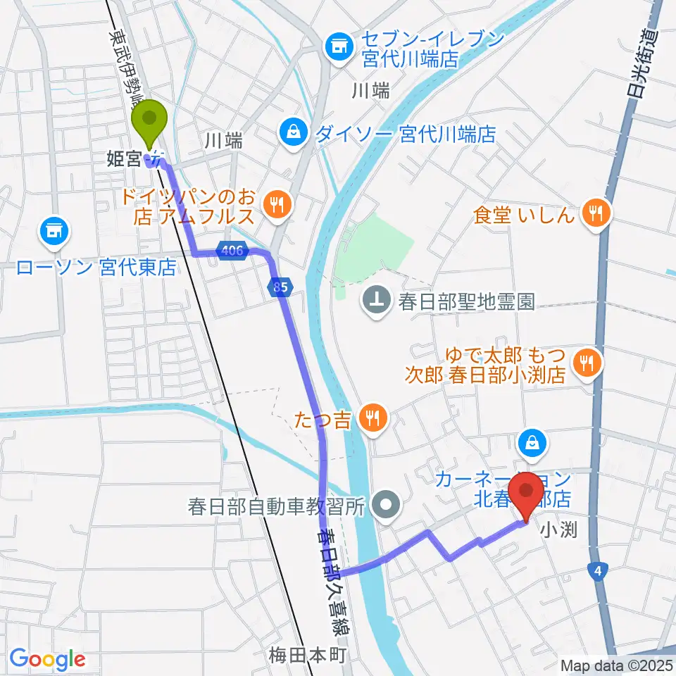 姫宮駅からサトウ楽器へのルートマップ地図